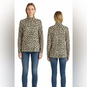 J.Crew Leopard Print Mock Neck Long Sleeve Top Size L 100% Cotton Animal Print
